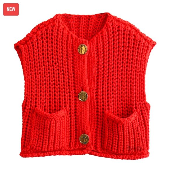 Sweaters - Sleeveless Cropped Knit Cardigan Chunky Crochet Sweater Vest with Pockets